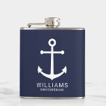 Nautical Navy Blue Anchor Personalised Groomsmen Hip Flask<br><div class="desc">Modern Minimalist Nautical Navy Blue Anchor Personalised Groomsmen Flask
featuring white anchor and personalised groomsman's name with title in white modern sans serif font style on navy blue background.

Also perfect for best man,  father of the bride and more.</div>