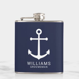 Nautical Navy Blue Anchor Personalised Groomsmen Hip Flask