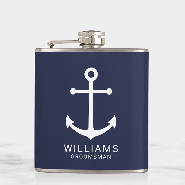 Nautical Navy Blue Anchor Personalised Groomsmen Hip Flask (Creator Uploaded)
