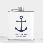 Nautical Navy Blue Anchor Personalised Groomsmen Hip Flask<br><div class="desc">Modern Minimalist Nautical Navy Blue Anchor Personalised Groomsmen Flask
featuring navy blue anchor and personalised groomsman's name with title in navy blue modern sans serif font style on white background.

Also perfect for best man,  father of the bride and more.</div>