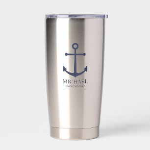 Nautical Navy Blue Anchor Personalised Groomsmen Insulated Tumbler