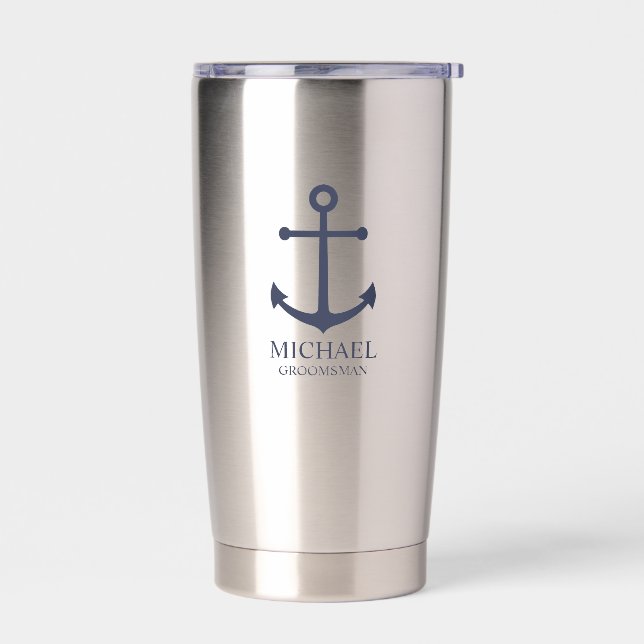 Nautical Navy Blue Anchor Personalised Groomsmen Insulated Tumbler (Left)