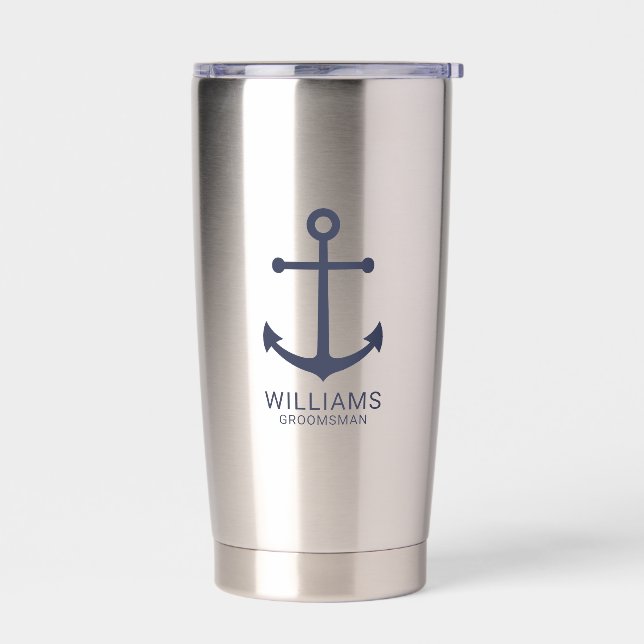 Nautical Navy Blue Anchor Personalised Groomsmen Insulated Tumbler (Left)