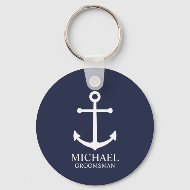 Nautical Navy Blue Anchor Personalised Groomsmen Key Ring (Front)