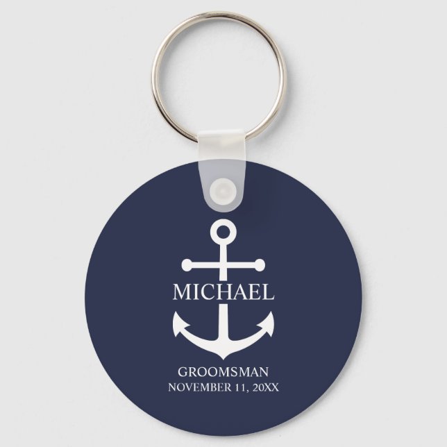 Nautical Navy Blue Anchor Personalised Groomsmen Key Ring (Front)