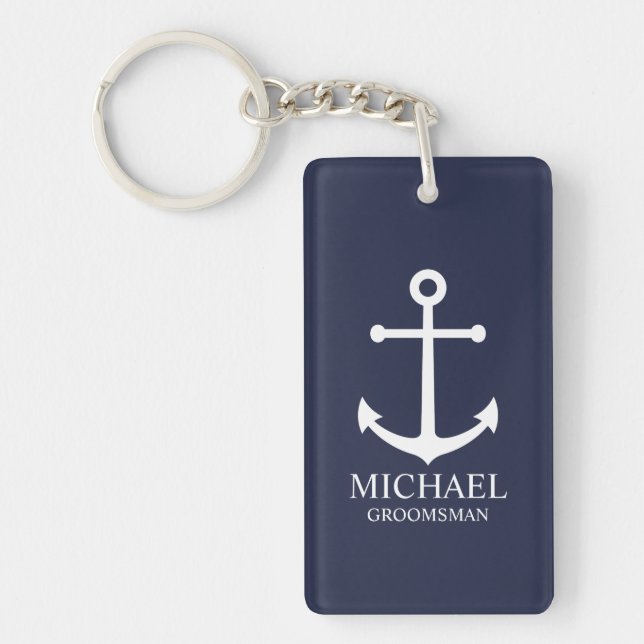 Nautical Navy Blue Anchor Personalised Groomsmen Key Ring (Front)