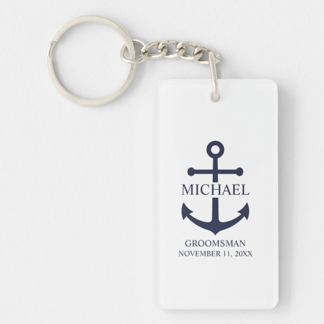 Nautical Navy Blue Anchor Personalised Groomsmen Key Ring (Front)