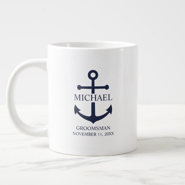 Nautical Navy Blue Anchor Personalised Groomsmen Large Coffee Mug (Left)
