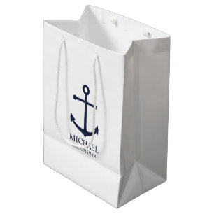 Nautical Navy Blue Anchor Personalised Groomsmen Medium Gift Bag