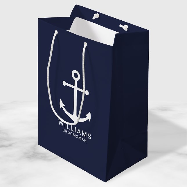 Nautical Navy Blue Anchor Personalised Groomsmen Medium Gift Bag (Creator Uploaded)