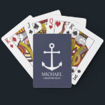 Nautical Navy Blue Anchor Personalised Groomsmen Playing Cards<br><div class="desc">Nautical Personalised Groomsmen Gift
This design features white anchor and personalised groomsman's name with title in white classic serif font style on navy blue background.

Also perfect for best man,  father of the bride and more.</div>