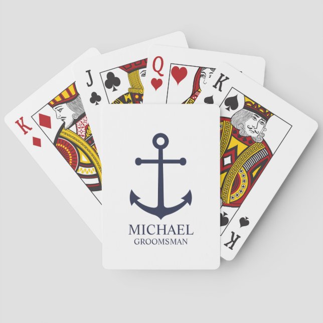 Nautical Navy Blue Anchor Personalised Groomsmen Playing Cards (Back)