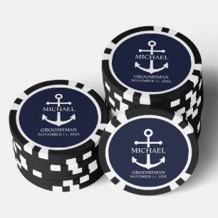 Nautical Navy Blue Anchor Personalised Groomsmen Poker Chips