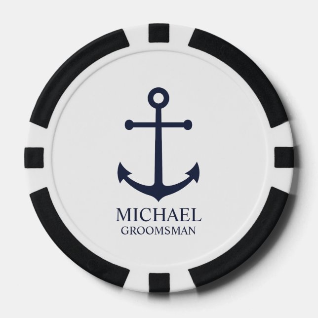 Nautical Navy Blue Anchor Personalised Groomsmen Poker Chips (Front)