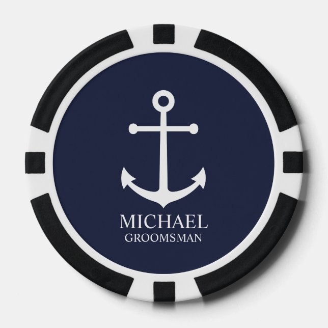 Nautical Navy Blue Anchor Personalised Groomsmen Poker Chips (Front)