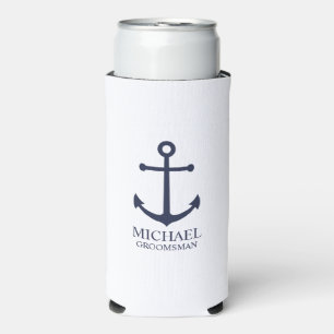 Nautical Navy Blue Anchor Personalised Groomsmen Seltzer Can Cooler