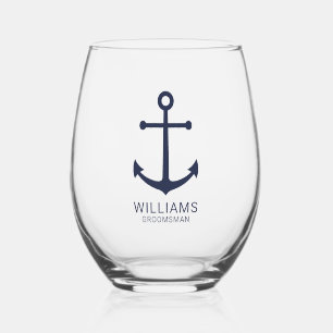 Nautical Navy Blue Anchor Personalised Groomsmen Stemless Wine Glass