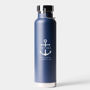 Nautical Navy Blue Anchor Personalised Groomsmen Water Bottle