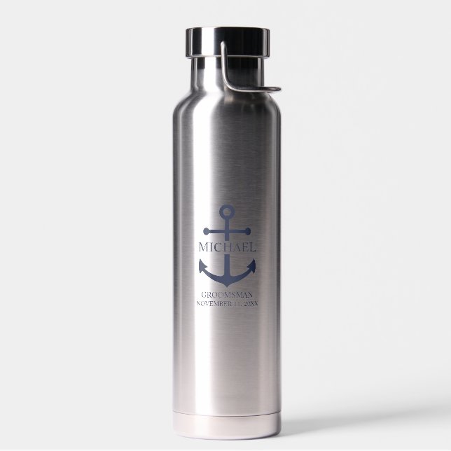 Nautical Navy Blue Anchor Personalised Groomsmen Water Bottle (Left)