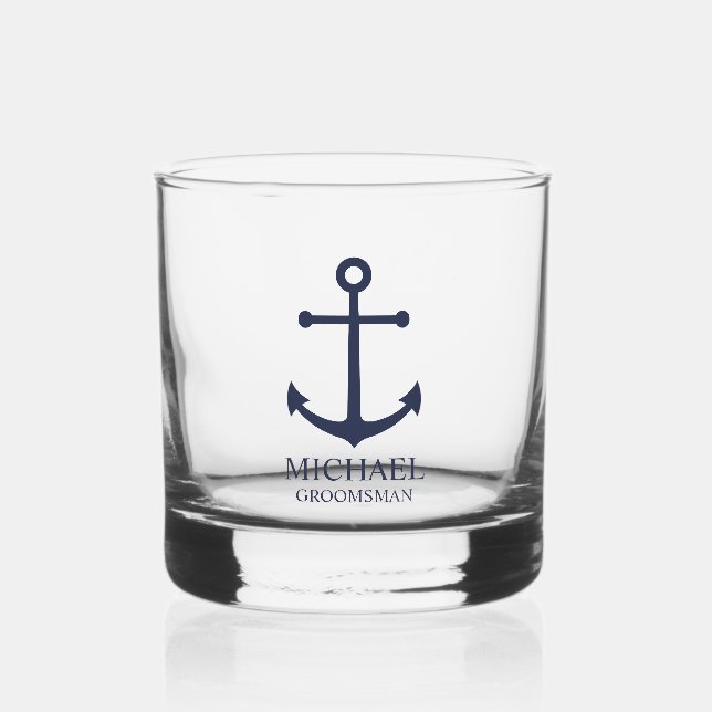 Nautical Navy Blue Anchor Personalised Groomsmen Whiskey Glass (Front)