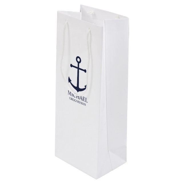 Nautical Navy Blue Anchor Personalised Groomsmen Wine Gift Bag (Front Angled)