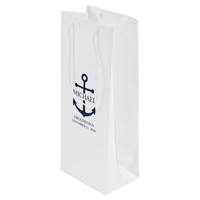 Nautical Navy Blue Anchor Personalised Groomsmen Wine Gift Bag (Front Angled)