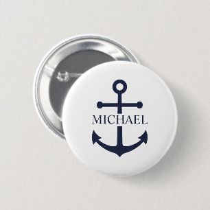 Nautical Navy Blue Anchor Personalised Name 6 Cm Round Badge