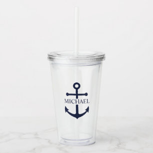 Nautical Navy Blue Anchor Personalised Name Acrylic Tumbler