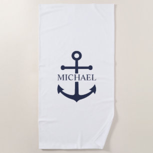 Nautical Navy Blue Anchor Personalised Name Beach Towel