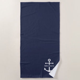 Nautical Navy Blue Anchor Personalised Name Beach Towel