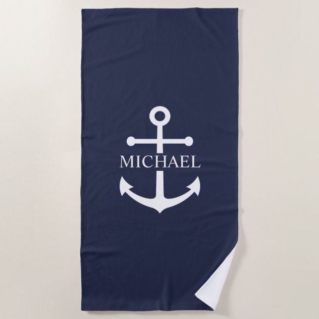 Nautical Navy Blue Anchor Personalised Name Beach Towel (Front)