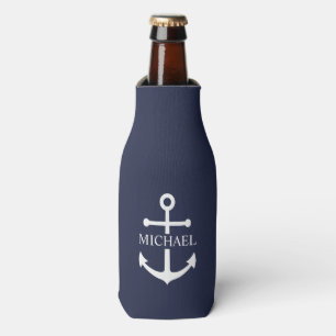 Nautical Navy Blue Anchor Personalised Name Bottle Cooler
