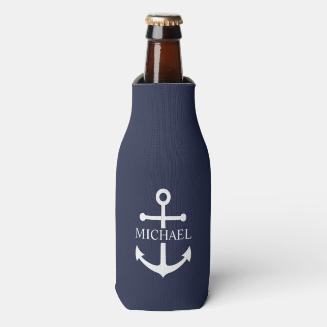Nautical Navy Blue Anchor Personalised Name Bottle Cooler (Bottle Front)