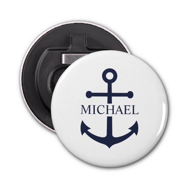 Nautical Navy Blue Anchor Personalised Name Bottle Opener (Front)