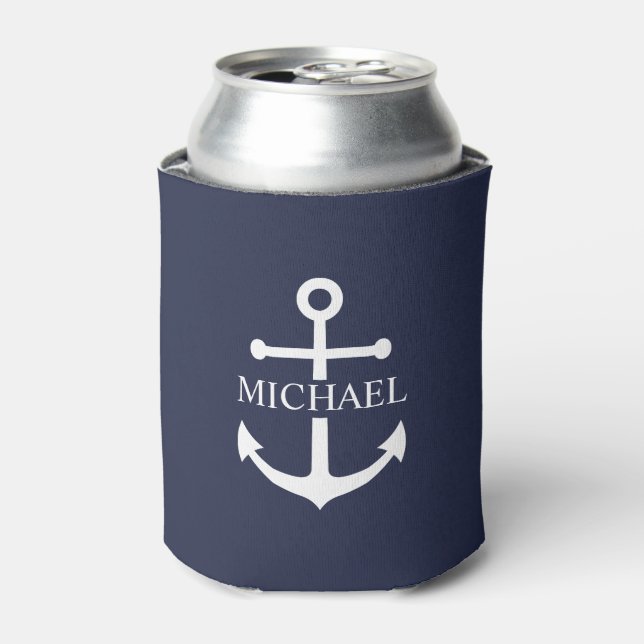 Nautical Navy Blue Anchor Personalised Name Can Cooler (Can Front)