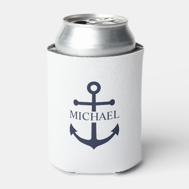 Nautical Navy Blue Anchor Personalised Name Can Cooler (Can Front)