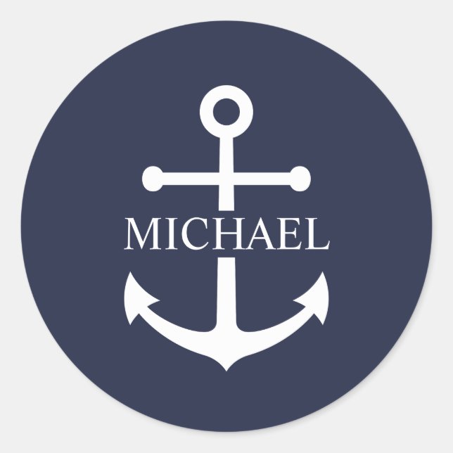 Nautical Navy Blue Anchor Personalised Name Classic Round Sticker (Front)