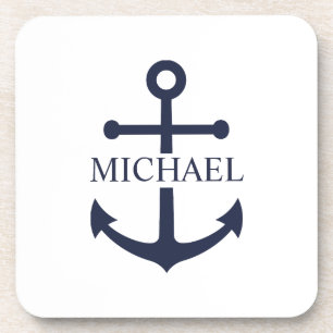 Nautical Navy Blue Anchor Personalised Name Coaster