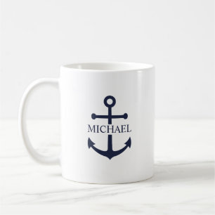 Nautical Navy Blue Anchor Personalised Name Coffee Mug