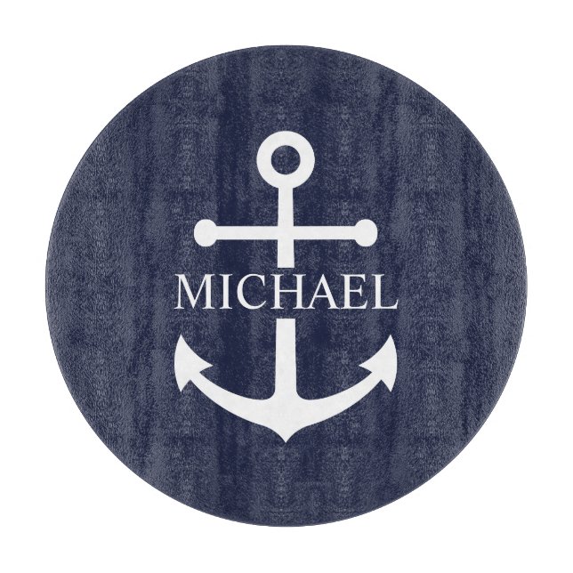 Nautical Navy Blue Anchor Personalised Name Cutting Board (Front)