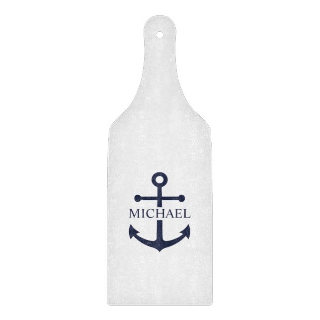Nautical Navy Blue Anchor Personalised Name Cutting Board (Front)