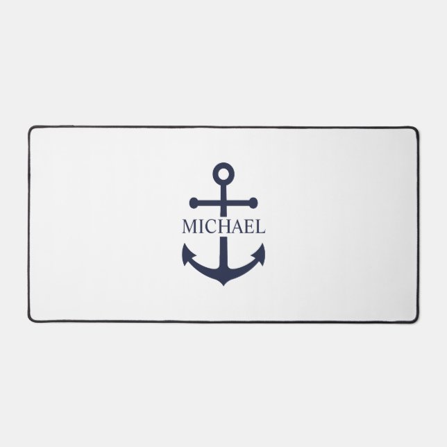 Nautical Navy Blue Anchor Personalised Name Desk Mat (Front)