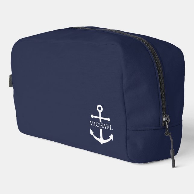 Nautical Navy Blue Anchor Personalised Name Dopp Kit (Right Corner)