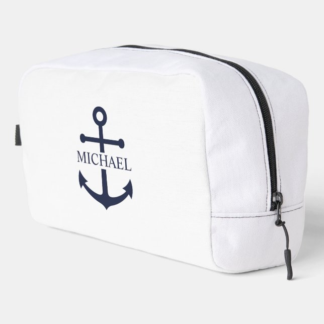 Nautical Navy Blue Anchor Personalised Name Dopp Kit (Right Corner)