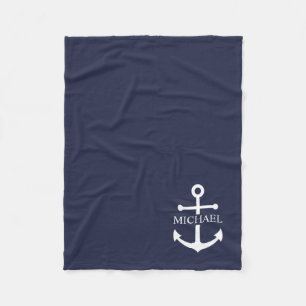Nautical Navy Blue Anchor Personalised Name Fleece Blanket