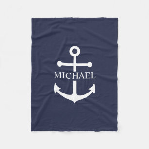 Nautical Navy Blue Anchor Personalised Name Fleece Blanket