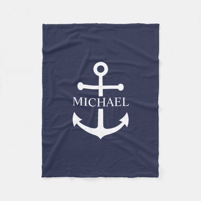 Nautical Navy Blue Anchor Personalised Name Fleece Blanket (Front)