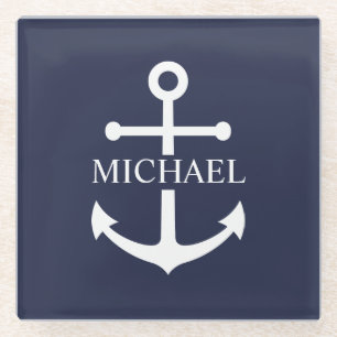 Nautical Navy Blue Anchor Personalised Name Glass Coaster