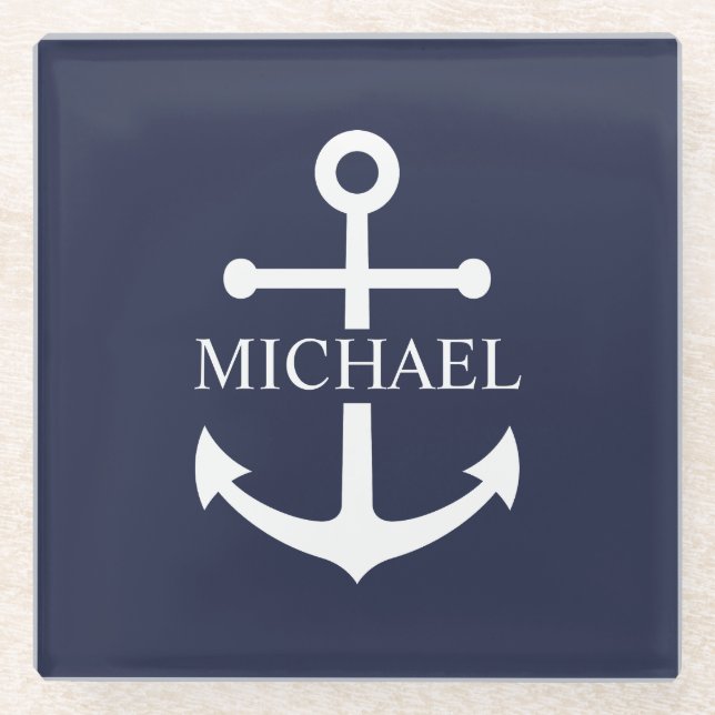 Nautical Navy Blue Anchor Personalised Name Glass Coaster (Front)