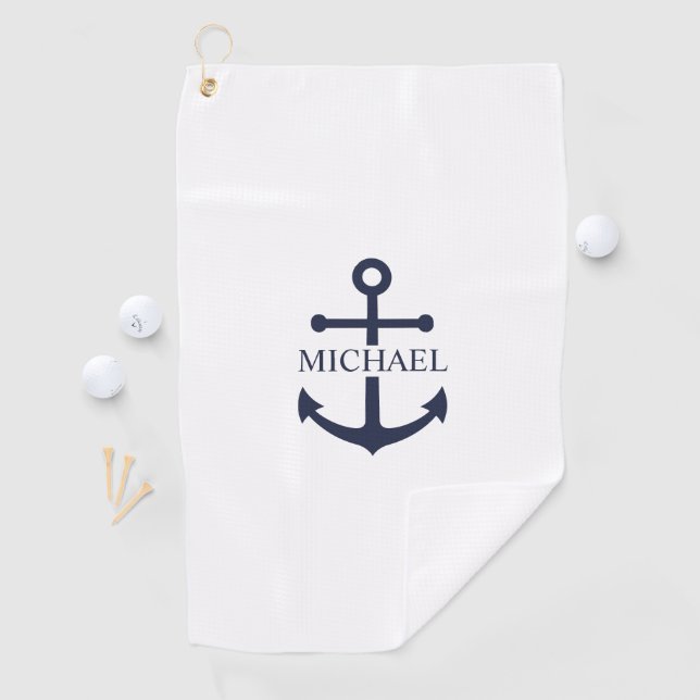 Nautical Navy Blue Anchor Personalised Name Golf Towel (InSitu)